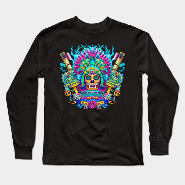 Mexican Mictecacihuatl Aztec God Mask Long Sleeve T-Shirt by Ravenglow